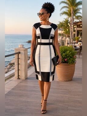 Jax Black, Ivory & Gray Colorblock Midi Dress